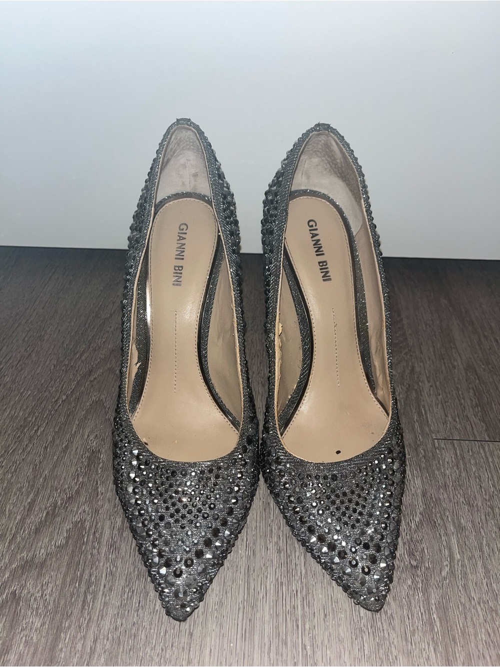 Gianni Bini Gunmetal Crystal Pointed Toe Pumps